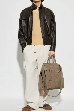 FERRAGAMO BRĄZOWY Skórzana kurtka ze stójką