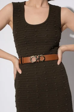 FERRAGAMO BRĄZOWY Skórzany pasek z logo