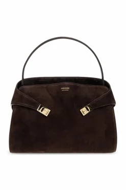 FERRAGAMO BRĄZOWY Zamszowa torba na ramię