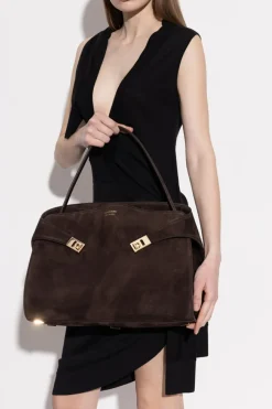 FERRAGAMO BRĄZOWY Zamszowa torba na ramię