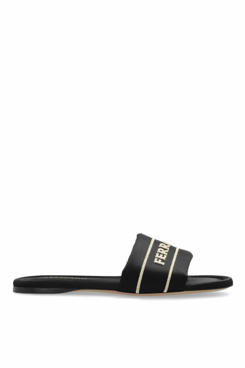 FERRAGAMO CZARNY Satynowe klapki z logo