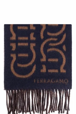 FERRAGAMO GRANATOWY Wełniany szal z logo