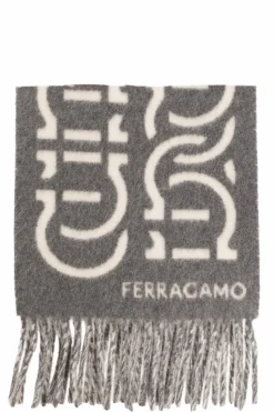 FERRAGAMO SZARY Wełniany szal z logo