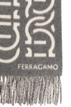 FERRAGAMO SZARY Wełniany szal z logo