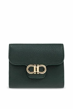 FERRAGAMO ZIELONY Skórzany portfel z logo