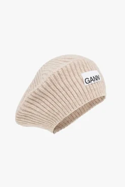 Ganni beżowy Beret z logo