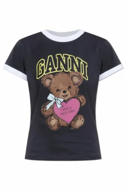 Ganni SZARY T-shirt z kolorowym nadrukiem