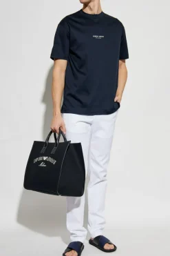 Giorgio Armani GRANATOWY T-shirt z nadrukowanym logo