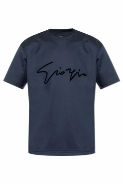 Giorgio Armani GRANATOWY T-shirt z logo o aksamitnym wykończeniu
