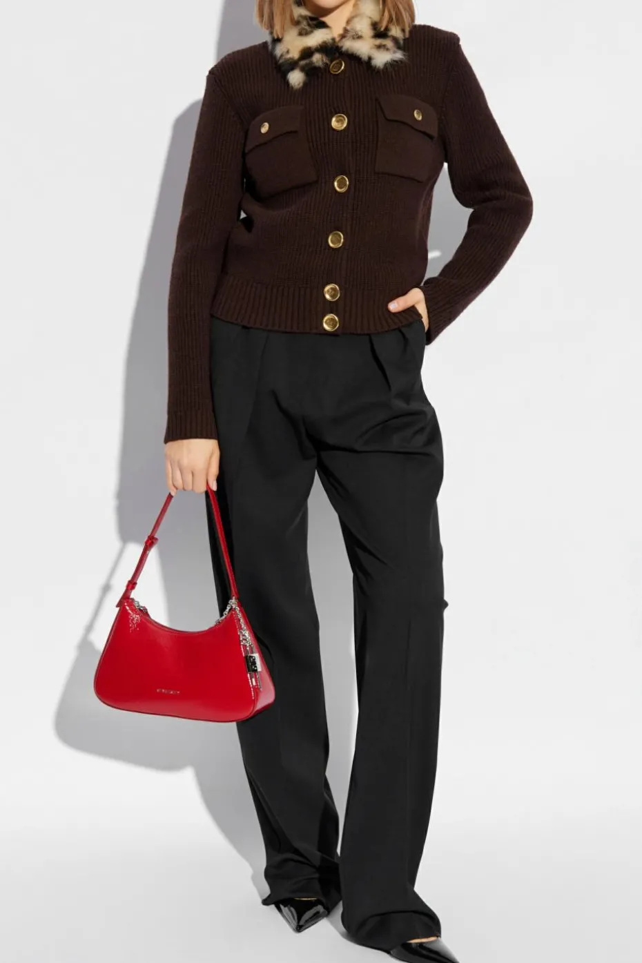 Givenchy BRĄZOWY Kardigan z futrzanym kołnierzem