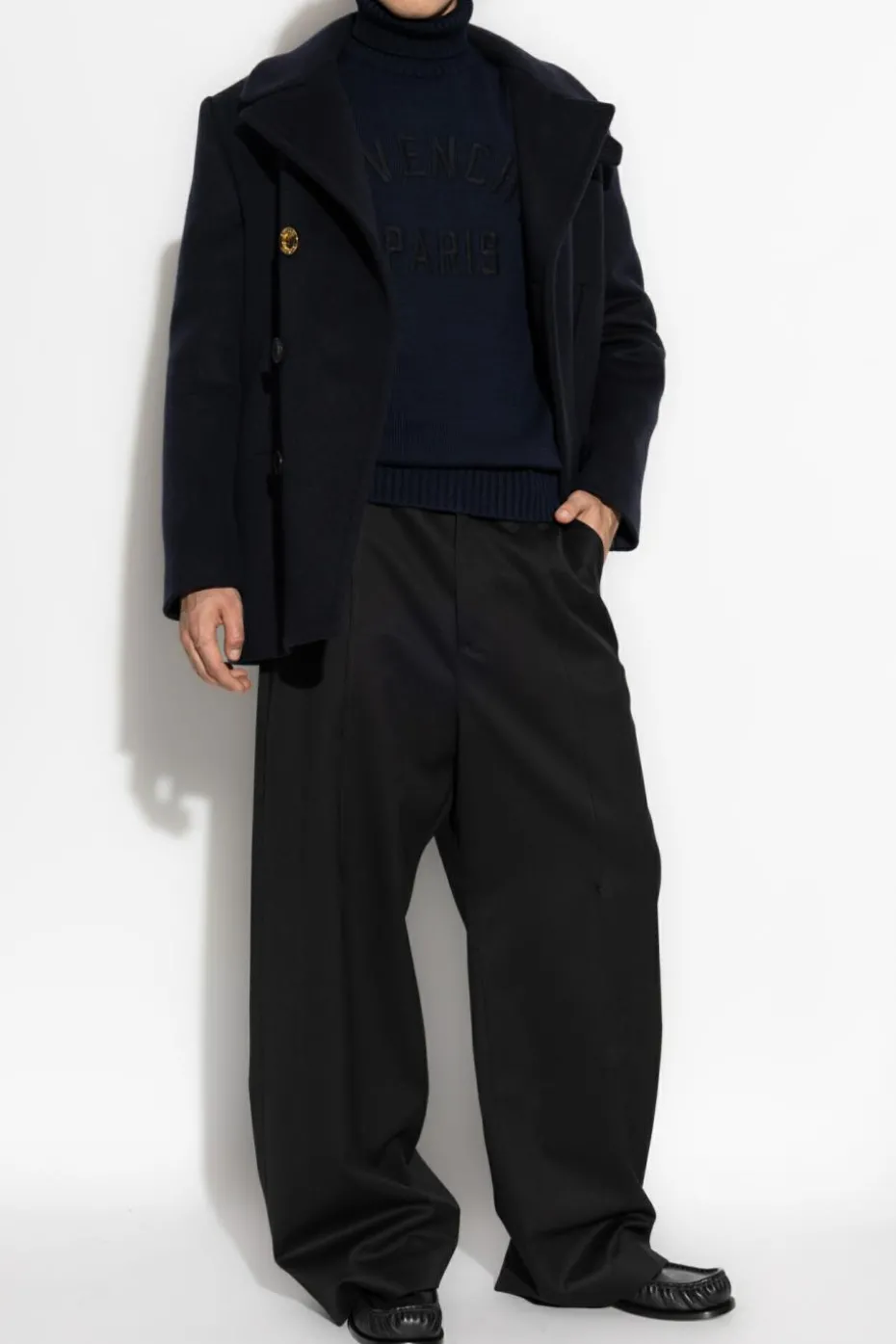 Givenchy GRANATOWY Wełniany płaszcz