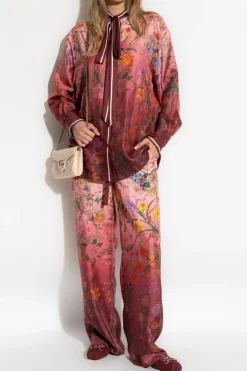 Gucci BORDO Jedwabne spodnie z motywem kwiatowym