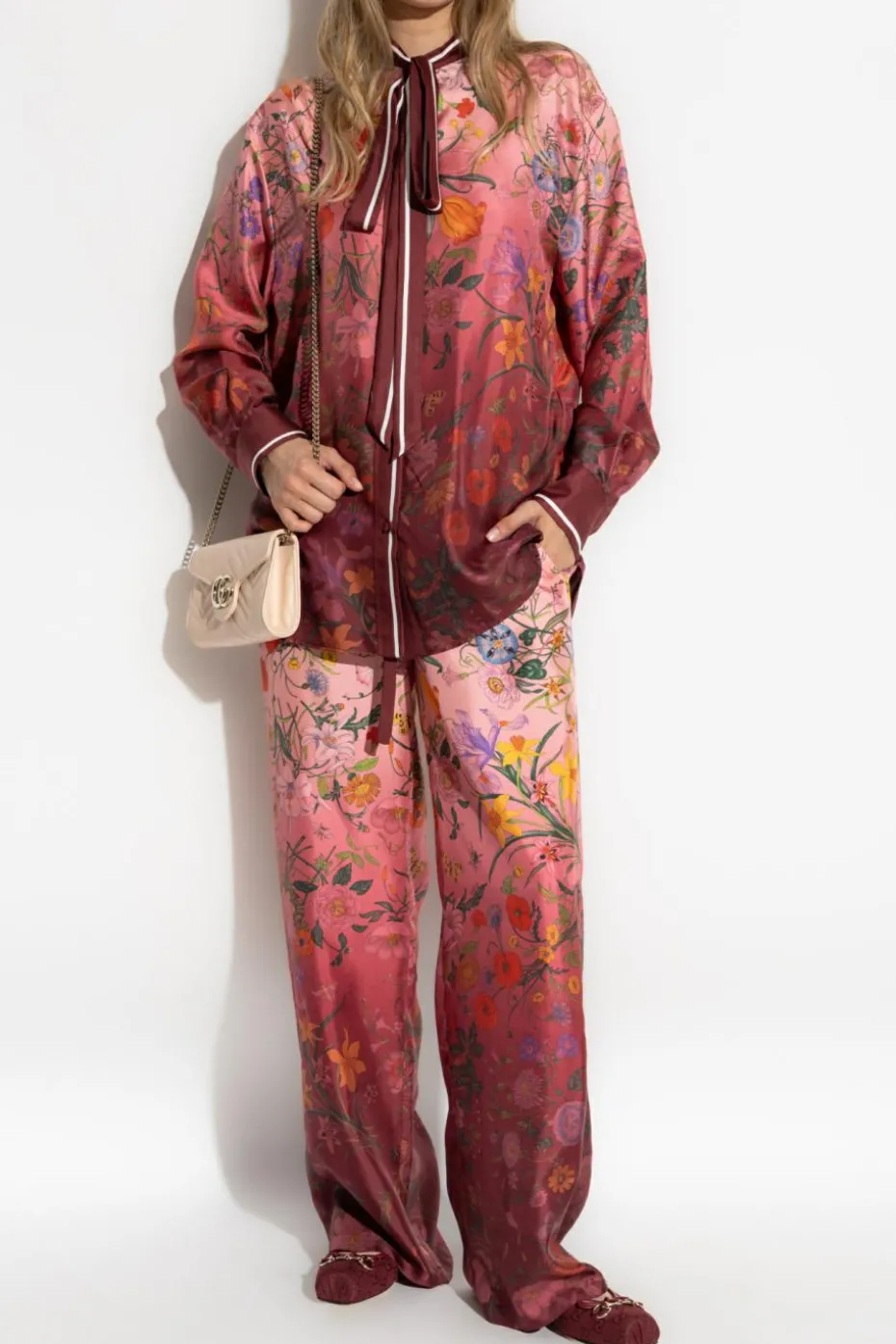 Gucci BORDO Jedwabne spodnie z motywem kwiatowym