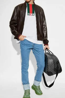 Gucci BRĄZOWY Skórzana kurtka typu `bomber`