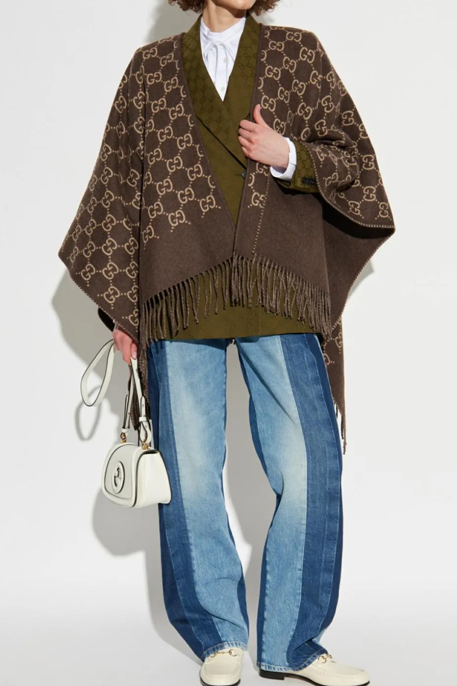 Gucci BRĄZOWY Wełniane ponczo ze wzorem `GG`