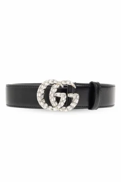 Gucci CZARNY Pasek z klamrą wysadzaną kryształami