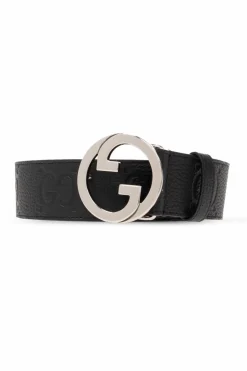 Gucci CZARNY Skórzany pasek z logo