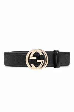 Gucci CZARNY Skórzany pasek z monogramem