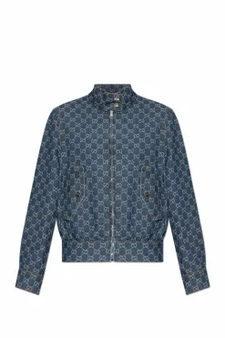 Gucci GRANATOWY Jeansowa kurtka ze wzorem `GG`