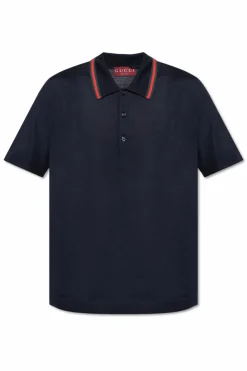 Gucci GRANATOWY Wełniane polo z charakterystycznym paskiem `Web`