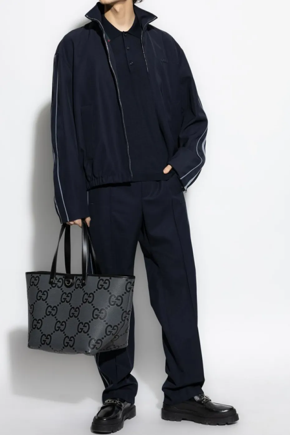 Gucci GRANATOWY Wełniane polo z charakterystycznym paskiem `Web`