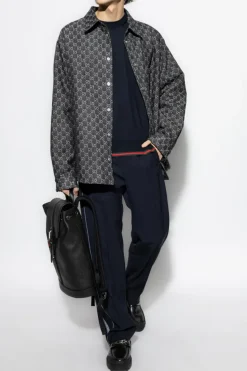Gucci GRANATOWY Wełniany sweter z charakterystycznym paskiem `Web`