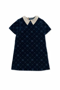 Gucci Kids GRANATOWY Aksamitna sukienka ze wzorem `GG`