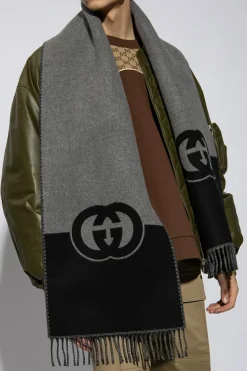 Gucci SZARY Wełniany szal z logo