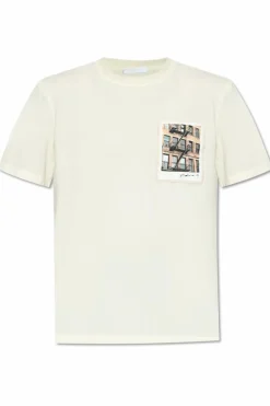 Helmut Lang kremowy T-shirt z kieszenią