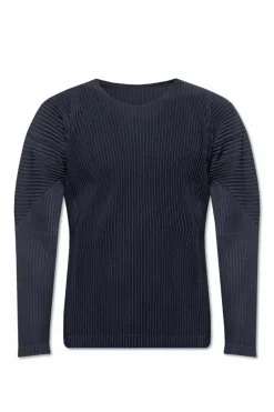 Homme Plissé Issey Miyake GRANATOWY Plisowany t-shirt z długimi rękawami
