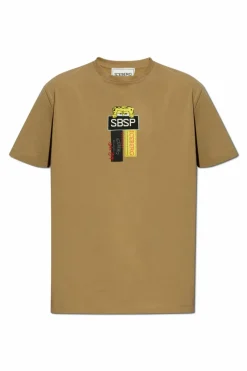 Iceberg beżowy T-shirt z naszywkami i nadrukiem