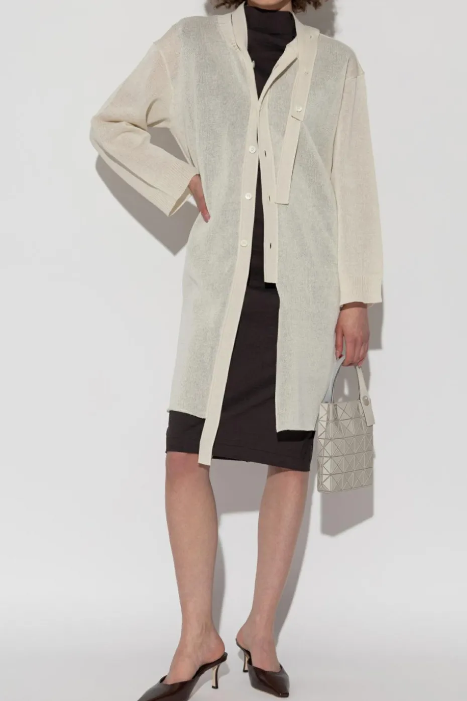Issey Miyake kremowy Kardigan z wiązaniem