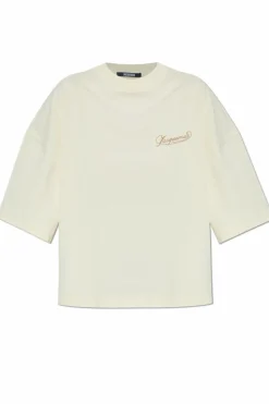 Jacquemus kremowy T-shirt typu `oversize` z wyszytym logo