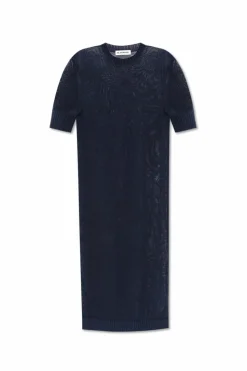 JIL SANDER+ GRANATOWY Bawełniana sukienka z wyszytym logo