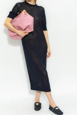 JIL SANDER+ GRANATOWY Bawełniana sukienka z wyszytym logo