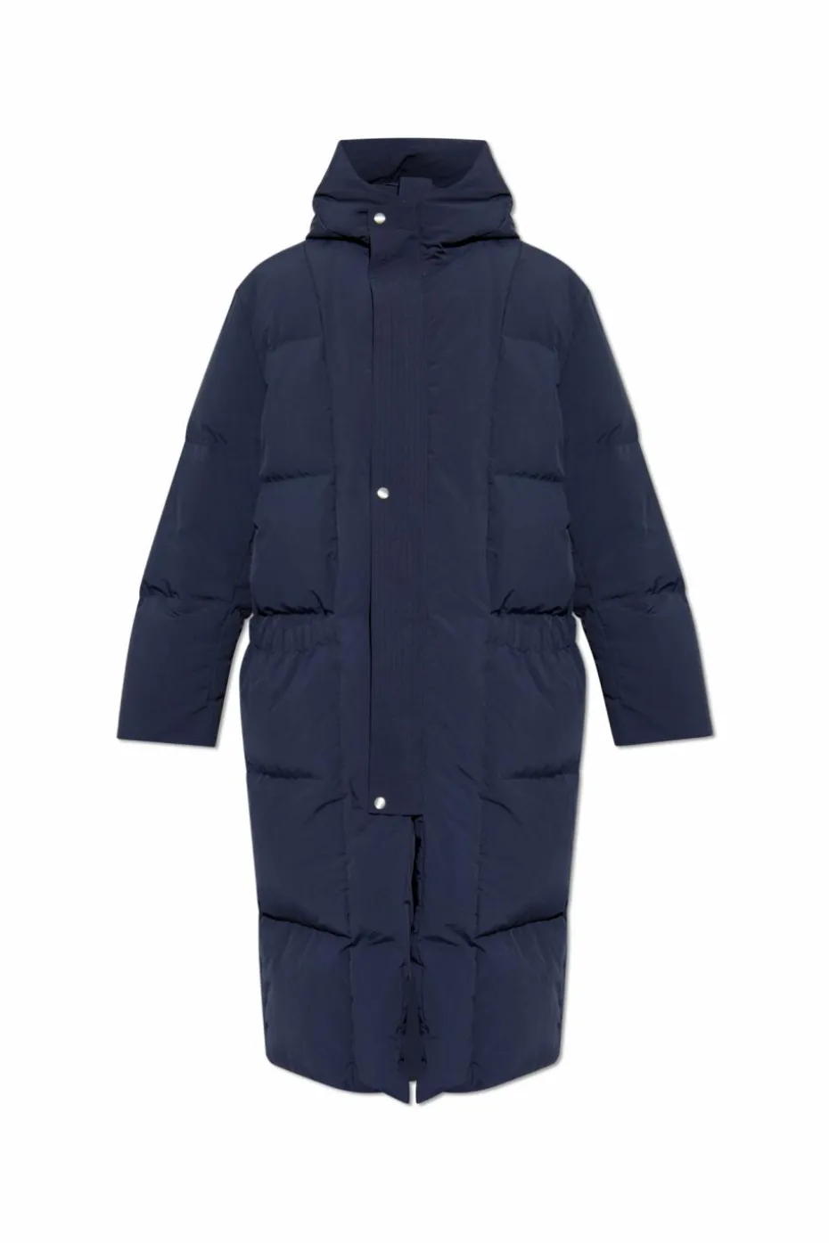 JIL SANDER+ GRANATOWY Długa puchowa kurtka