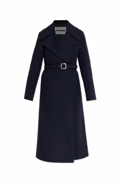 JIL SANDER GRANATOWY Wełniany płaszcz