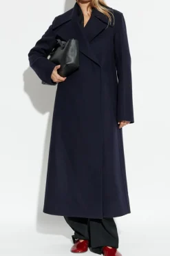 JIL SANDER GRANATOWY Wełniany płaszcz