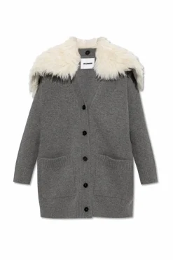 JIL SANDER SZARY Kardigan z odpinanym sztucznym futrem