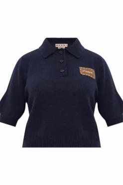 Marni GRANATOWY Kaszmirowe polo z naszywką z logo