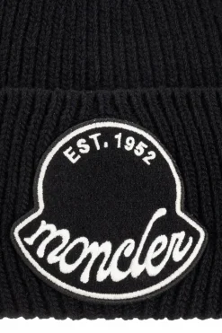Moncler CZARNY Wełniana czapka z naszywką z logo