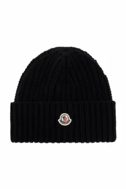 Moncler CZARNY Wełniana czapka z naszywką z logo