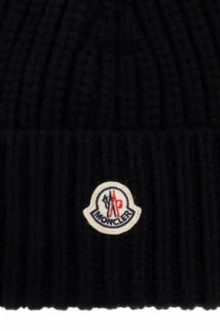 Moncler CZARNY Wełniana czapka z naszywką z logo