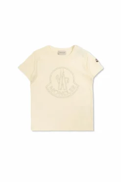 Moncler Enfant kremowy T-shirt z logo wykończonym połyskującymi kryształami
