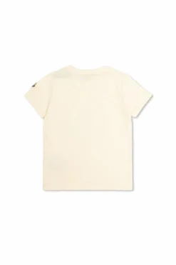 Moncler Enfant kremowy T-shirt z logo wykończonym połyskującymi kryształami