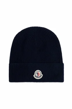 Moncler GRANATOWY Bawełniana czapka z naszywką z logo