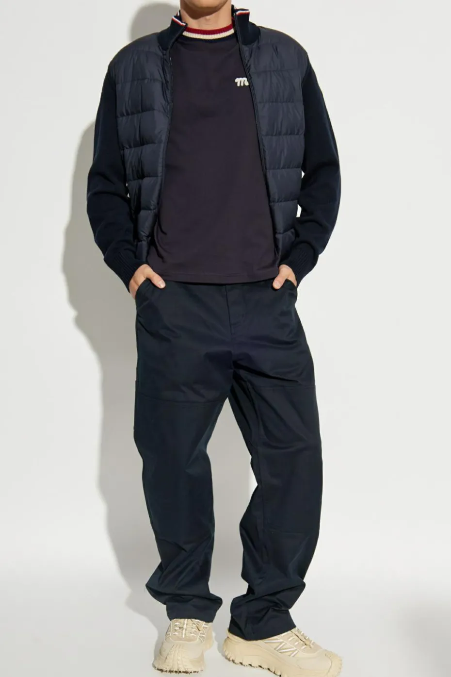 Moncler GRANATOWY Kardigan z puchową wstawką