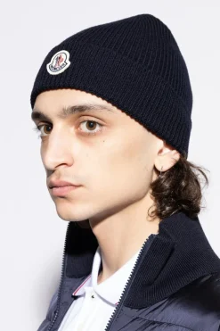 Moncler GRANATOWY Wełniana czapka