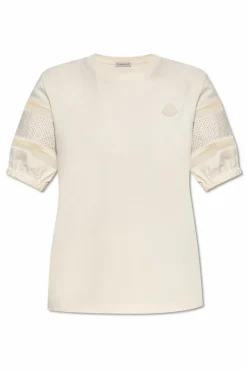Moncler kremowy T-shirt z dekoracyjnymi rękawami