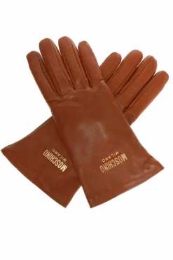 Moschino BRĄZOWY Skórzane rękawiczki z logo